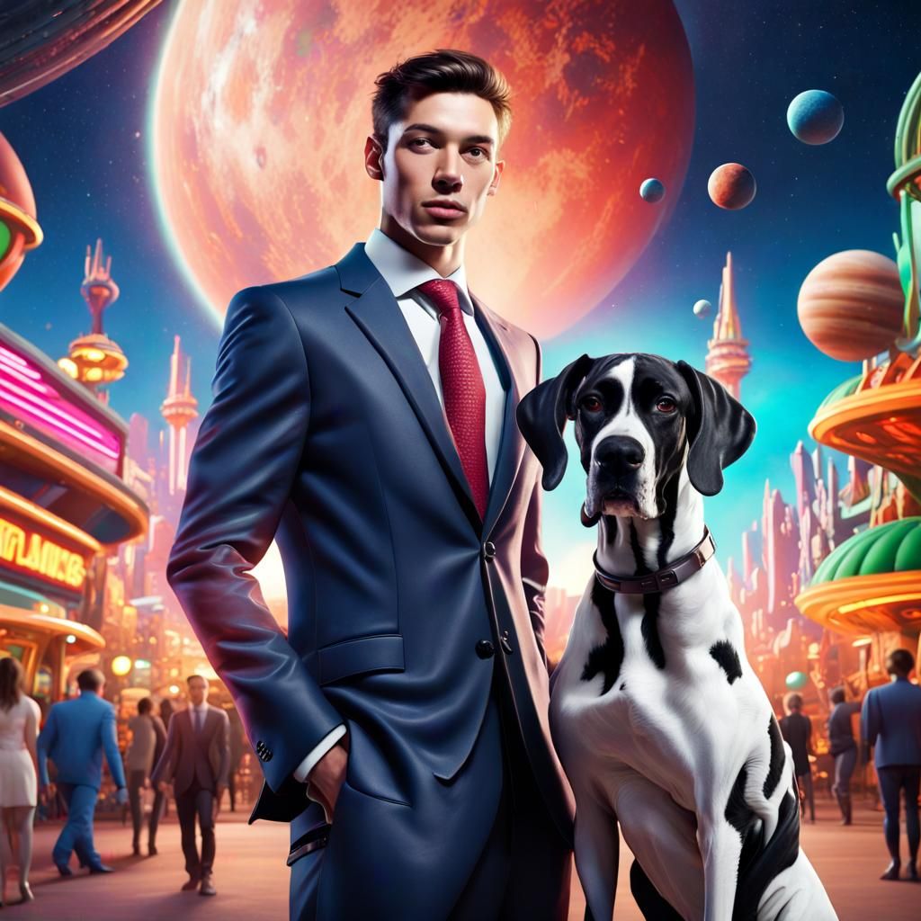Elegant Man and Great Dane at Alien Theme Park