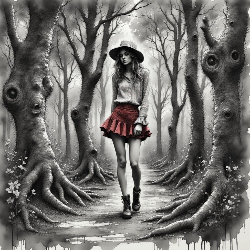 Model in Red Miniskirt in Tree of Life Forest