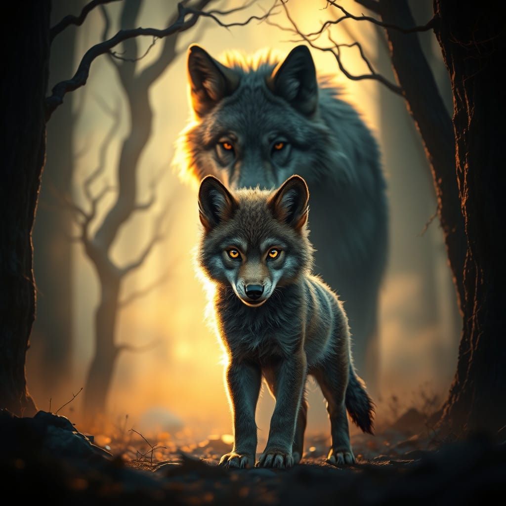 Wolf Whispers: Baby Wolf Amidst Ancient Forest Shadows