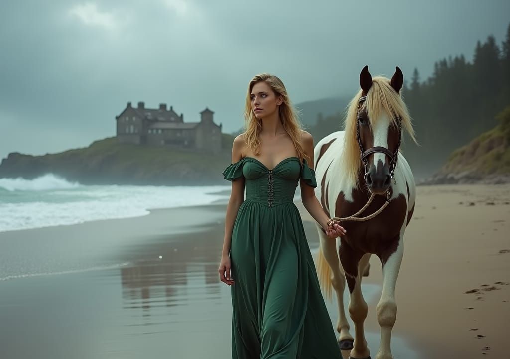 Woman and Horse on Misty Beach