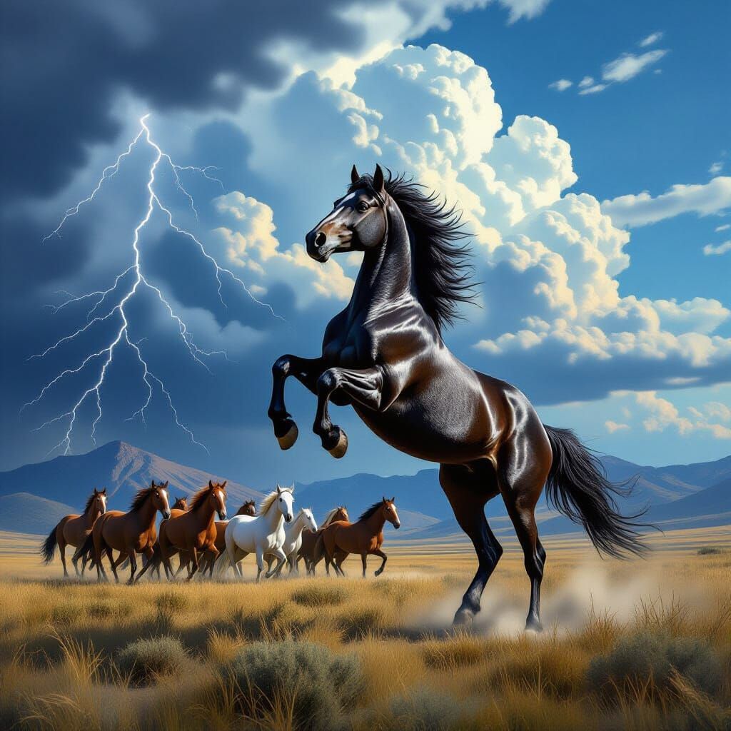 Wild Stallion Rearing Leading Herd Across Plains