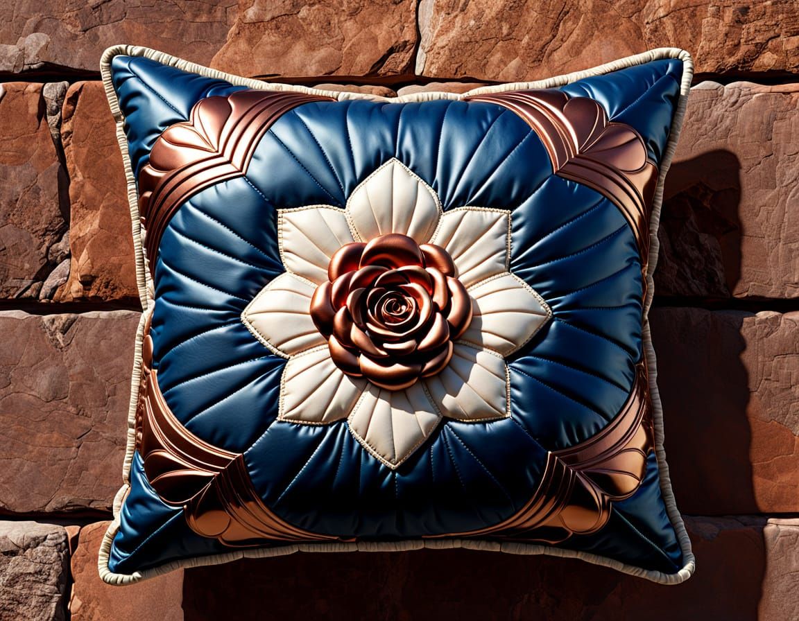 Vintage Quilted Collage Pillow in Rose Gold and Blue