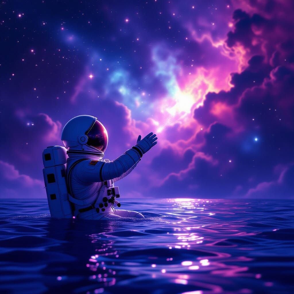 Astronaut Drifts Through Cosmic Time Towards Ethereal Glow