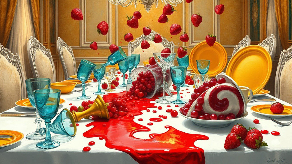 Whimsical Dining Table Explosion in Gouache Style