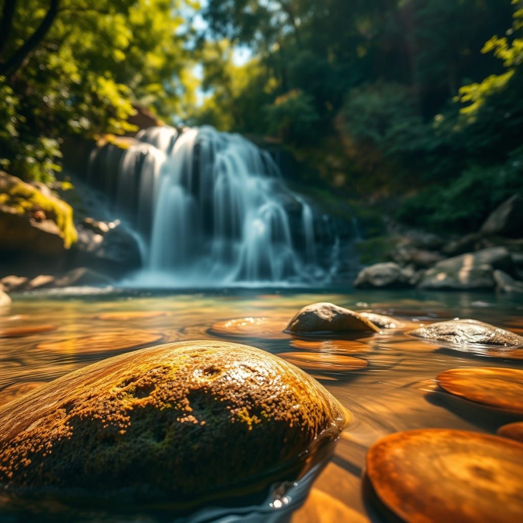 Serene Summer Waterfall Scene in Keni Sof's Lush Greenery