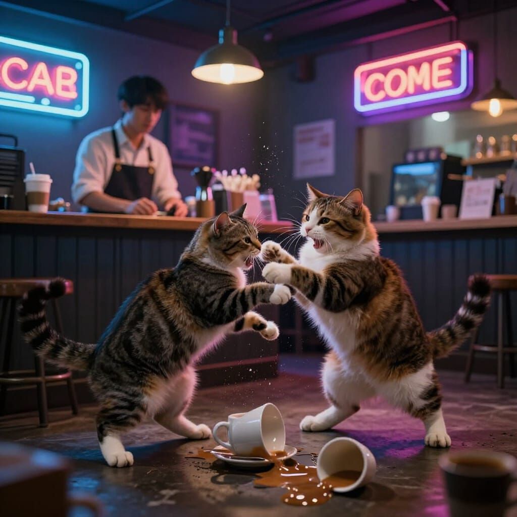 Cat Fights Barista in Neon Cat Cafe at Night