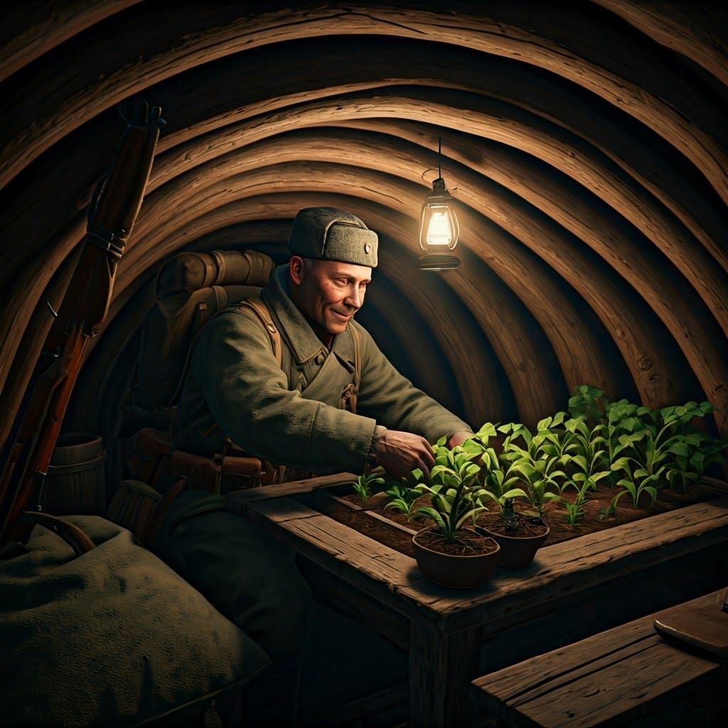 Finnish Soldier Tending Garden in Winter War Dugout, Hyperre...