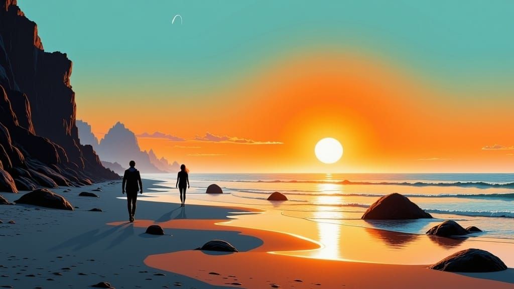 Moebius-Inspired Sunset Beach with Ethereal Sci-Fi Light