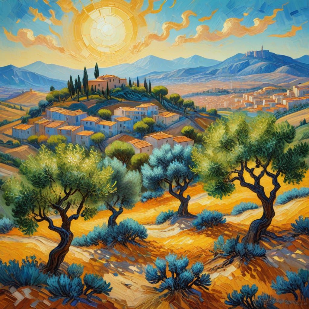 Mediterranean Hillside in Impressionist Style