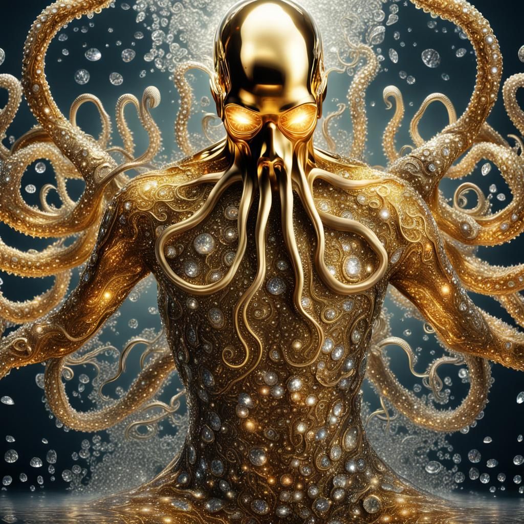 Golden Octopus Diamond Symbiosis in Hyperrealistic Style
