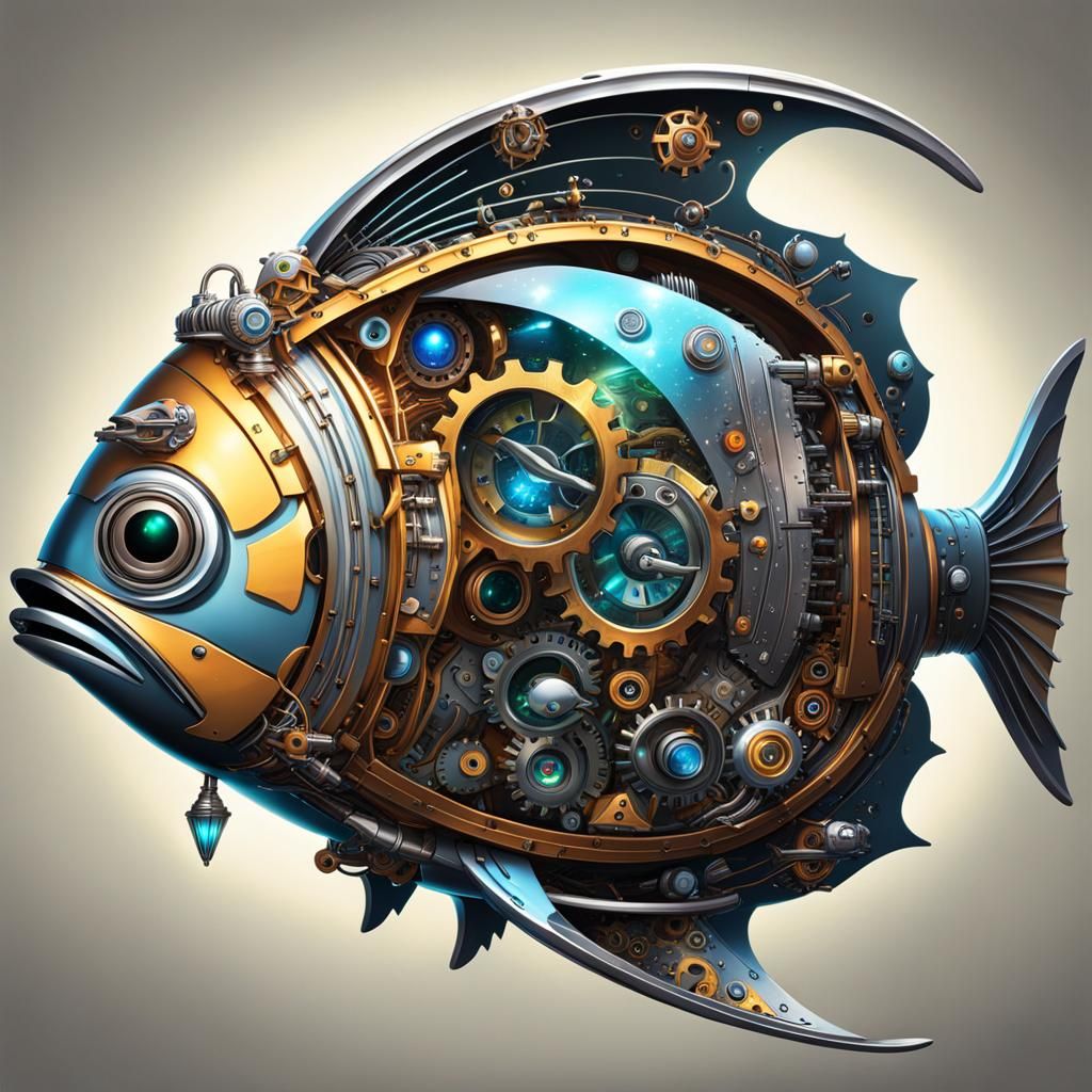 Detailed Robotic Fish Cutaway with Glowing Heart