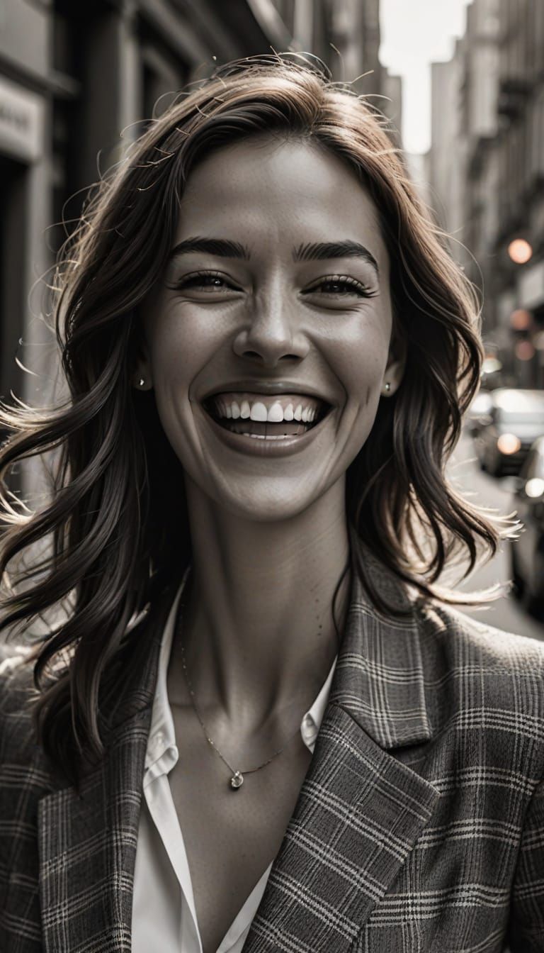 Hyper-Realistic Young Woman Captured in Candid Joy