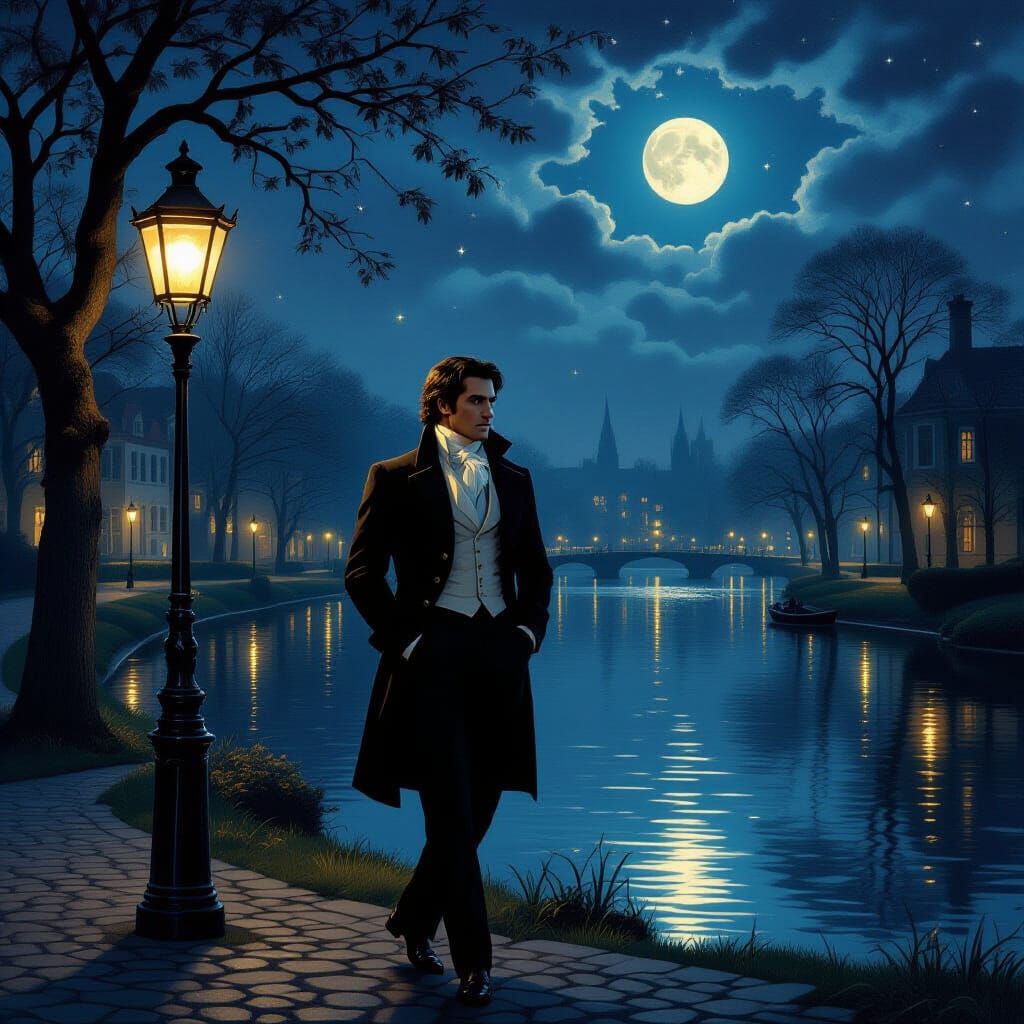 Elegant Man in Moonlit Park, Romantic Style