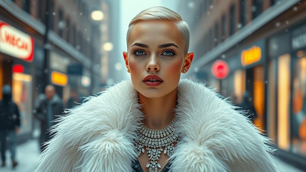 Blonde Model in Fur Jacket on Winter Street
