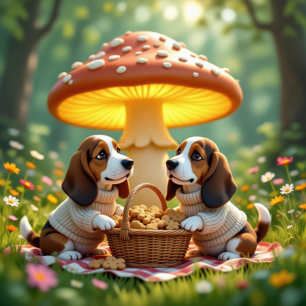 Basset Hounds in Sweaters Enjoy Picnic Under Giant Mushroom