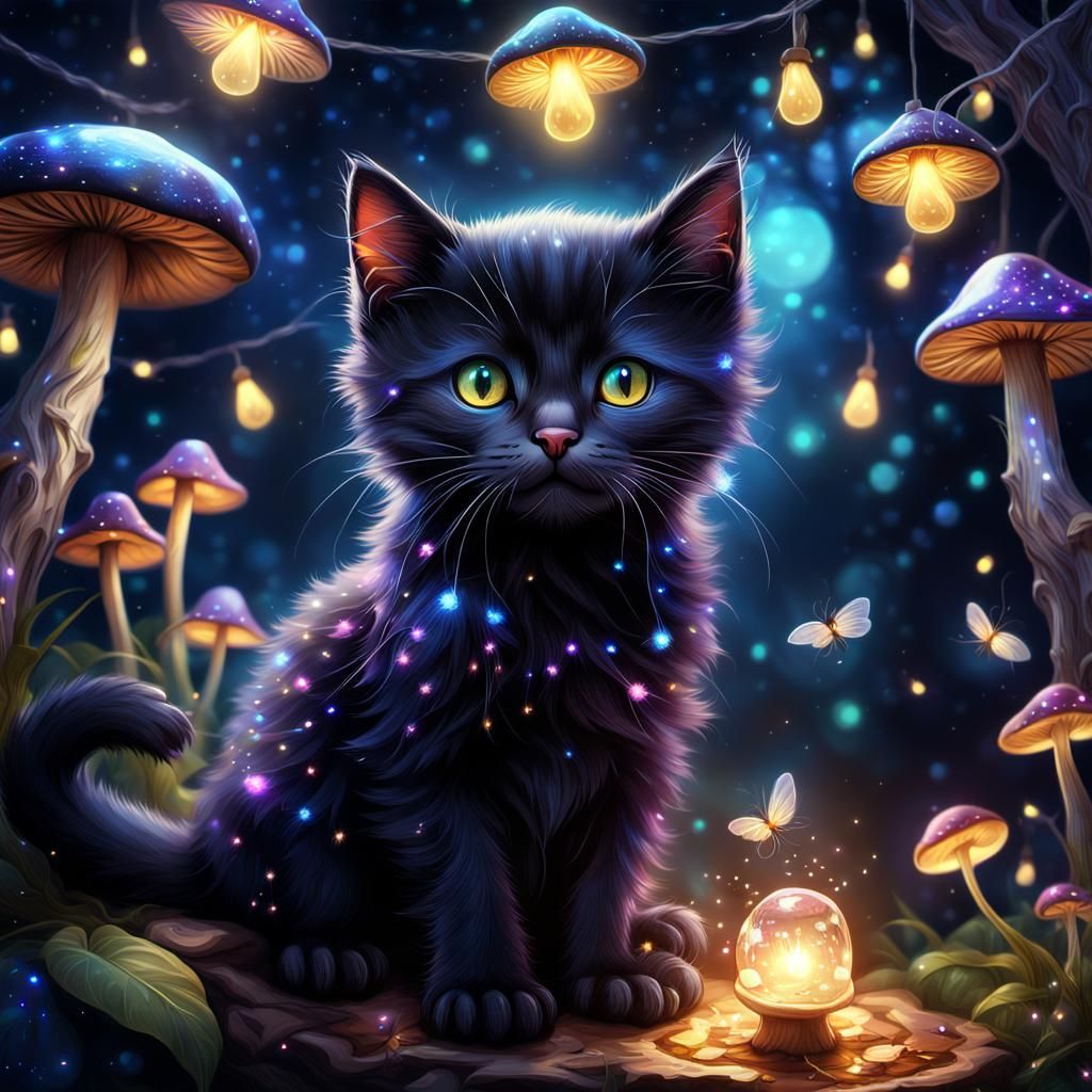 Whimsical Nighttime Scene with Glowing Fireflies and String....