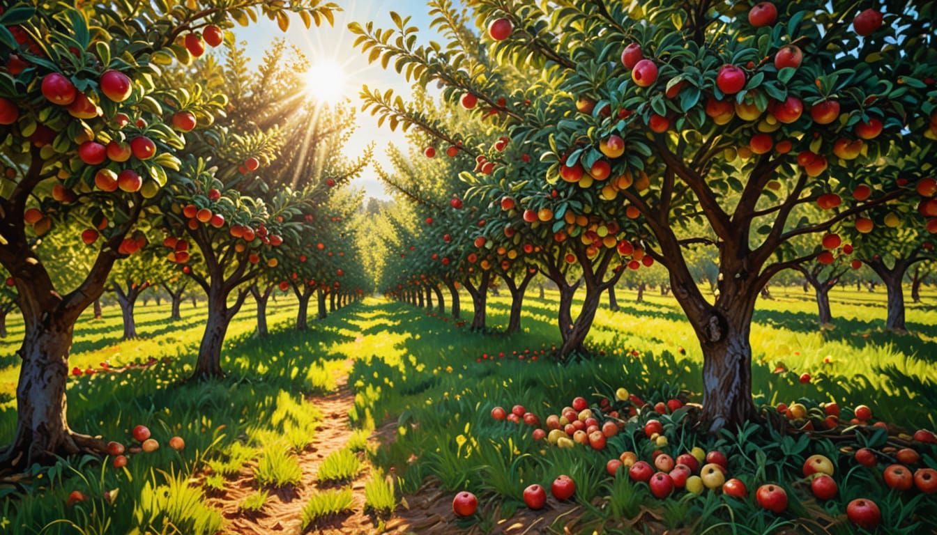 Vibrant Oil Painting of Sun-Dappled Apple Orchard