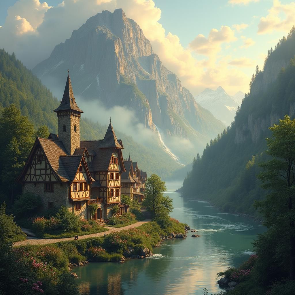 Medieval Town on Riverbank in Romantic Realism Style