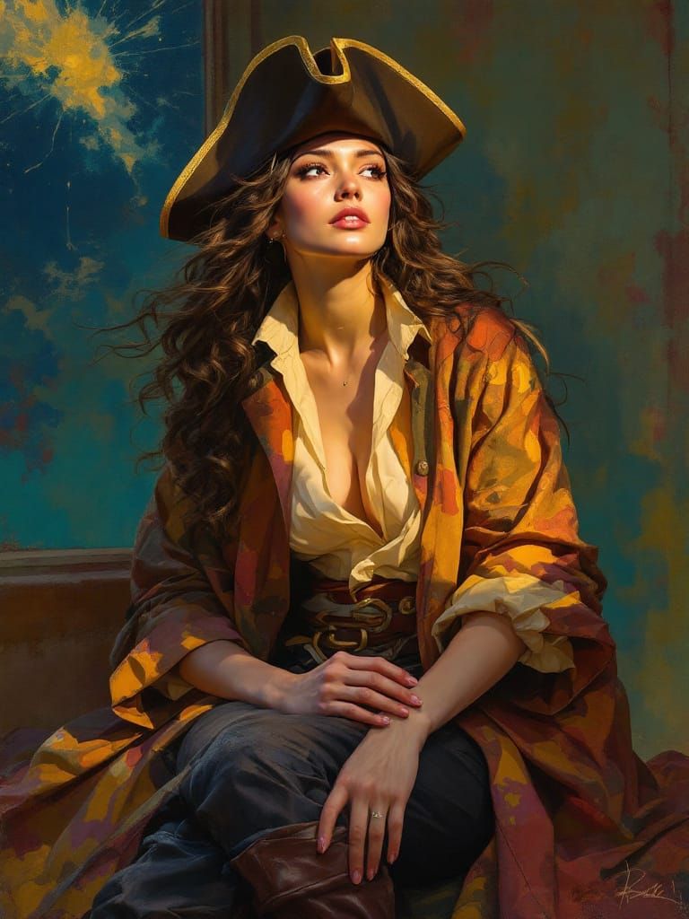 Pirate Woman Portrait in Luminous Mid-Century Style
