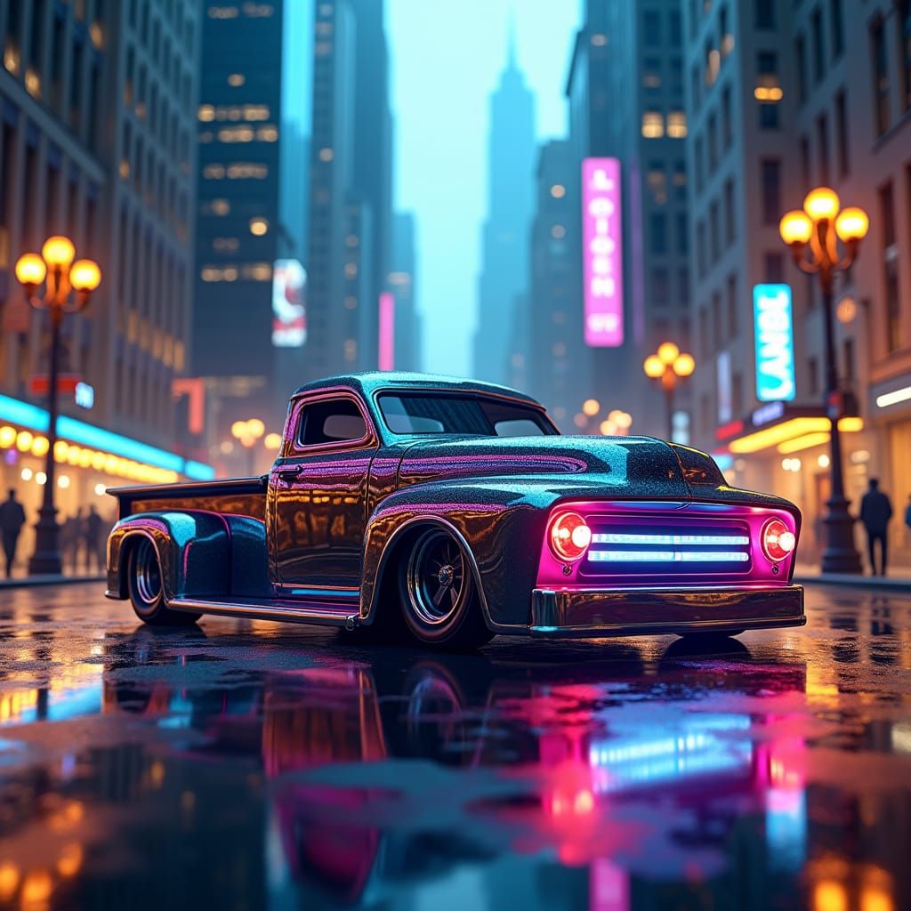 Futuristic Neon Truck in Art Deco City