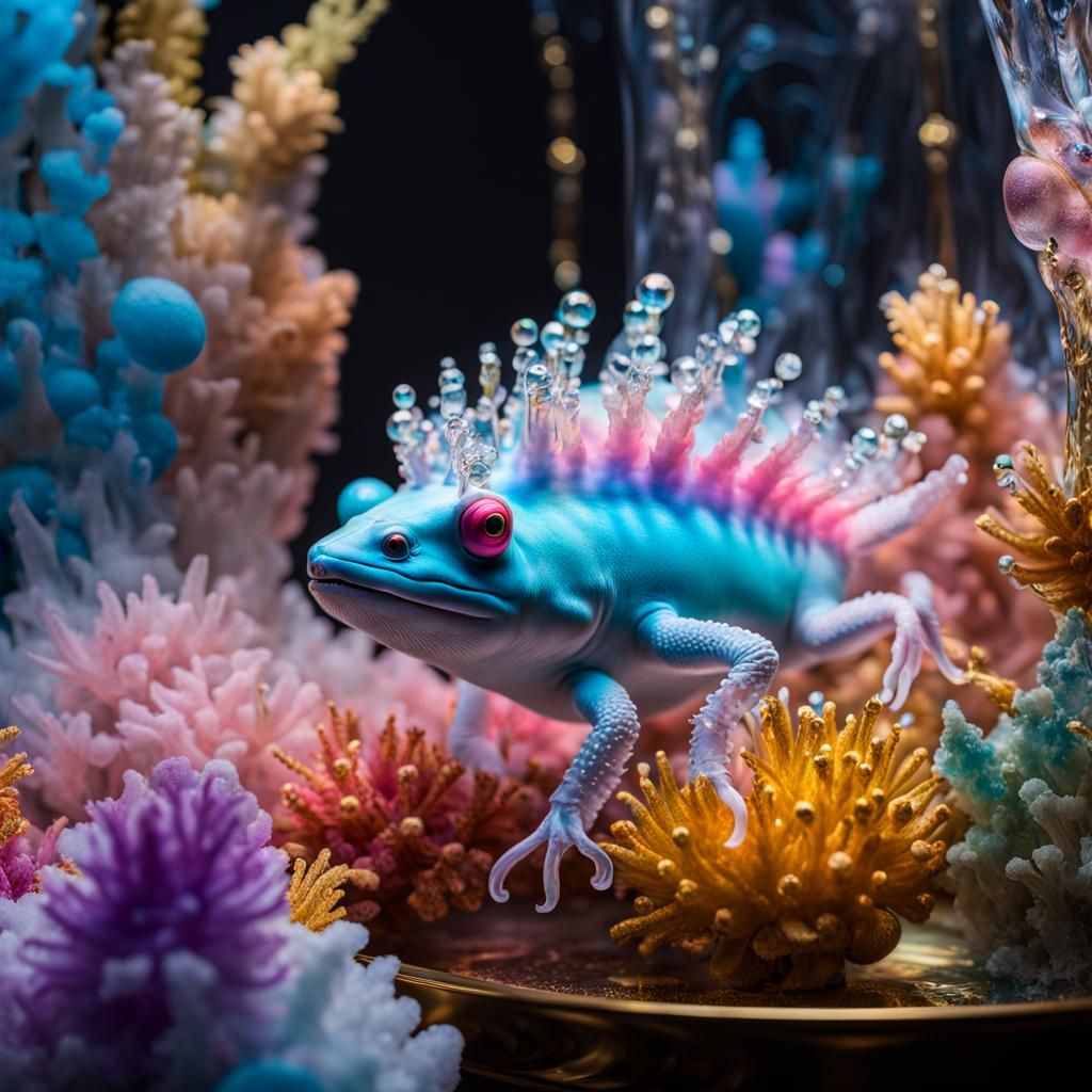 Crystalline Axolotls in Ice Sculpture: Hyperreal Fantasy