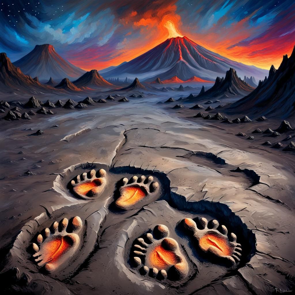 Theropod Dinosaur Footprints in Volcanic Ash, Impasto Oil