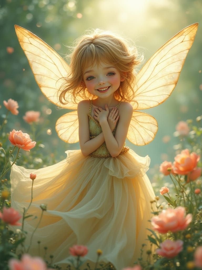 Whimsical Fairy Smiling in Dreamy Flower Garden