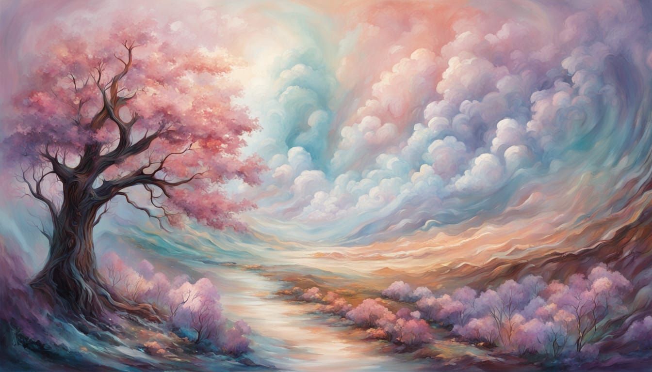 Ethereal Landscape with Trees and Clouds in Pastel Colors