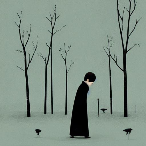 Melancholic Birch Tree Landscape with Distant View