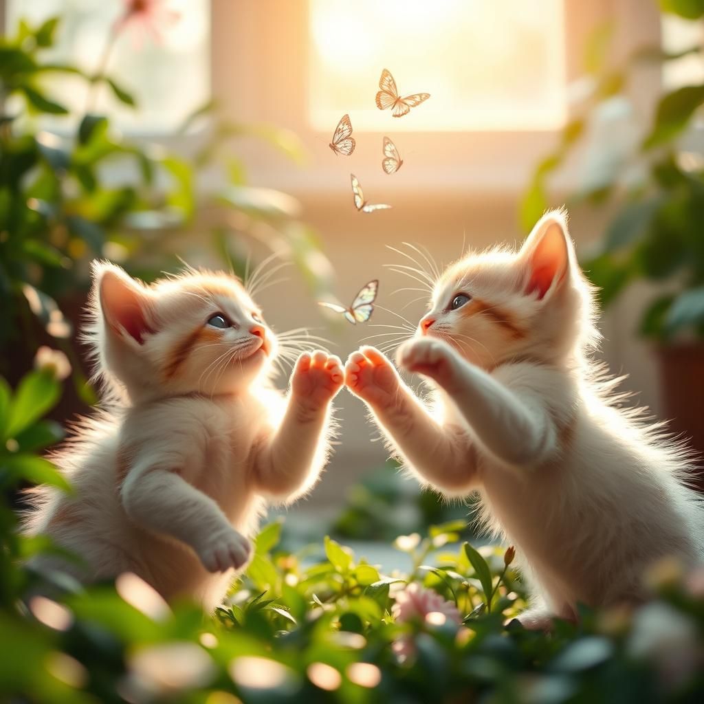 Kittens Playing with Butterflies in Dreamy Lighting