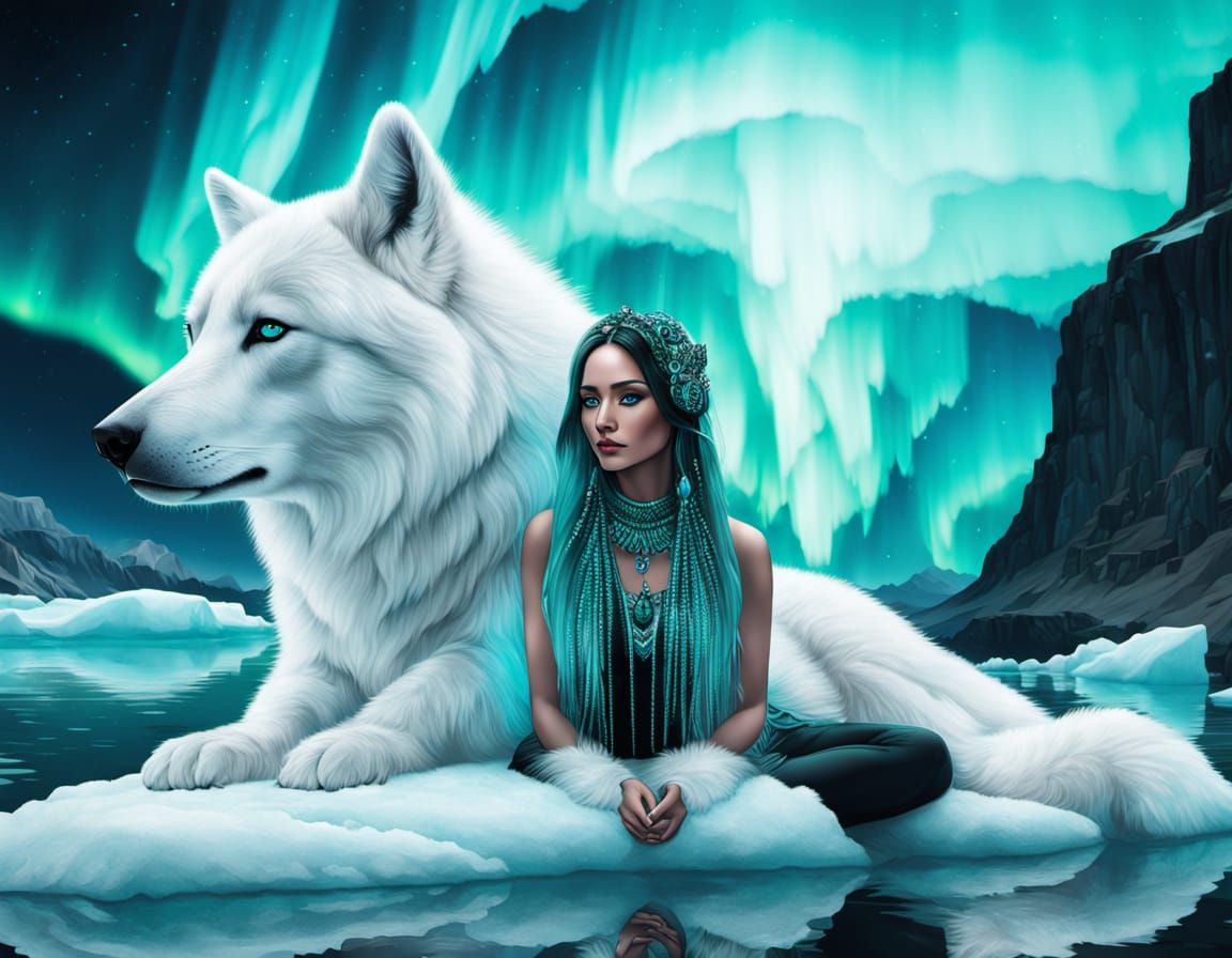 Eskimo Woman on Iceberg with Baby, Arctic Photography