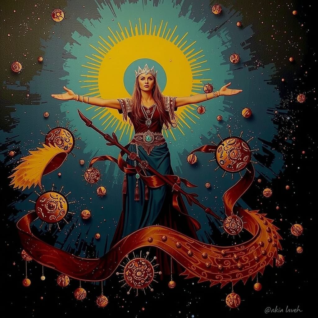 Serene Goddess of Light and Shadow with Celestial Orbs