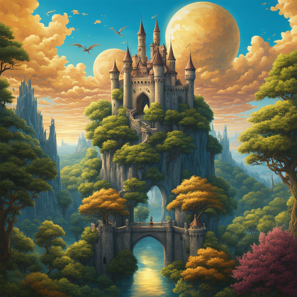 Dreamlike Gothic Fantasy Islands in Vibrant Acrylic
