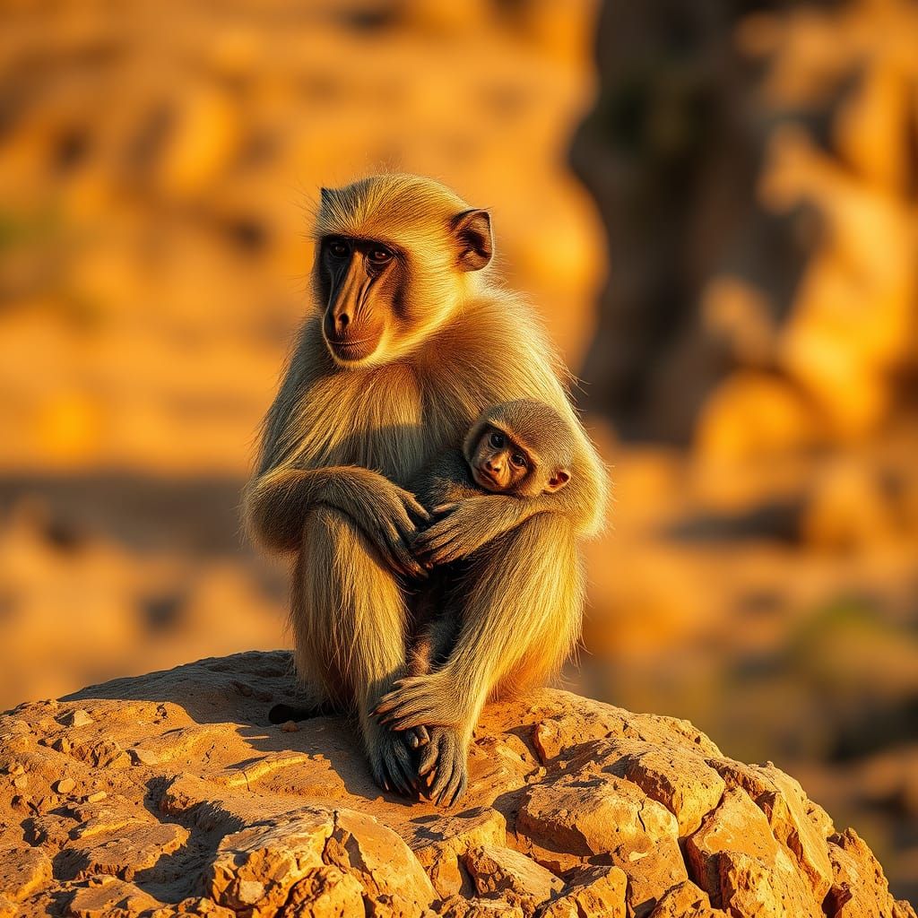 Protective Baboon Mother and Baby in Golden Savanna Light