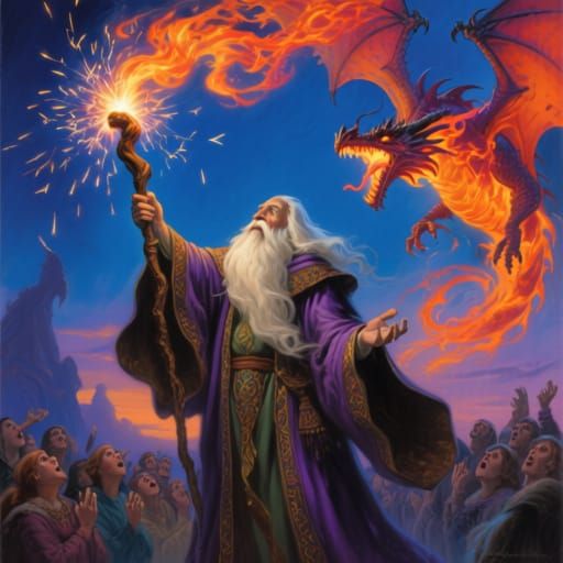 Fantasy Wizard Conjures Fire Dragons in Twilight Sky