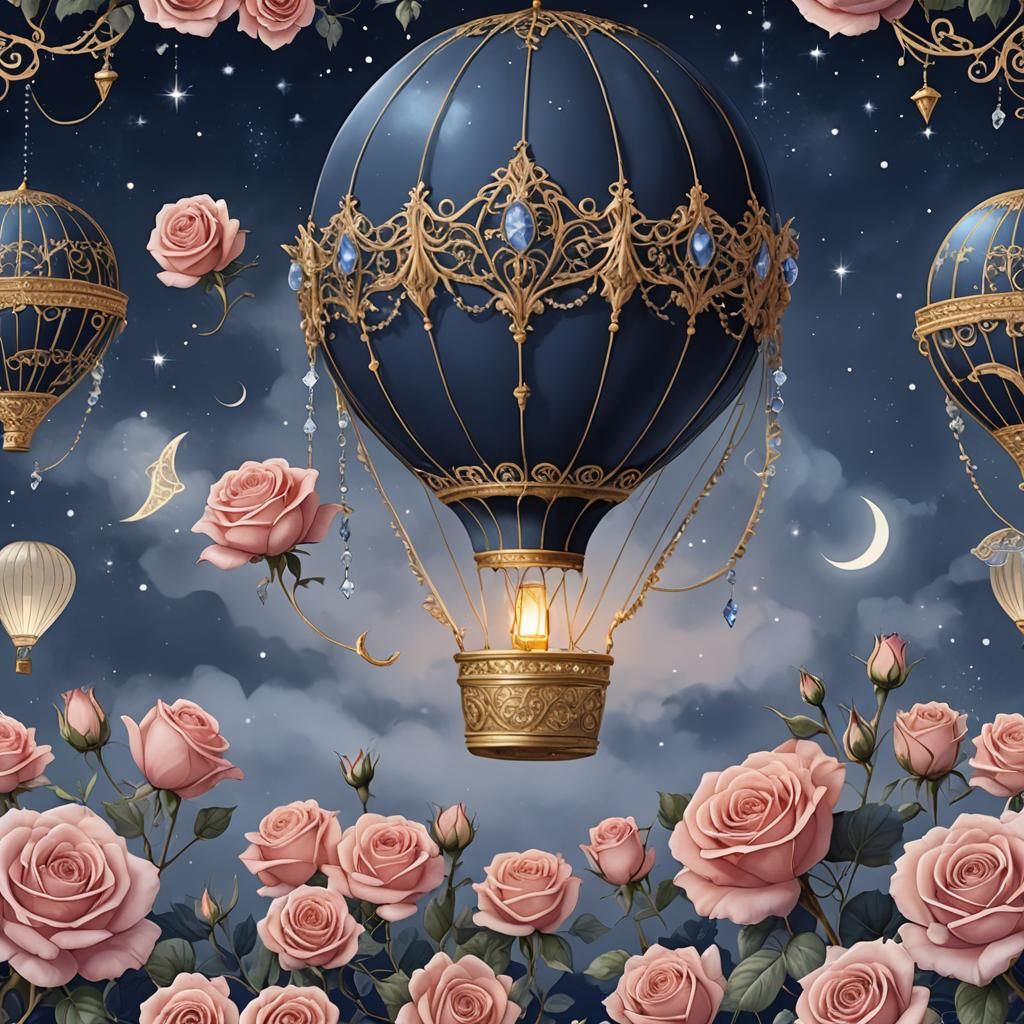 Fantasy Hot Air Balloon in Indigo Night Sky