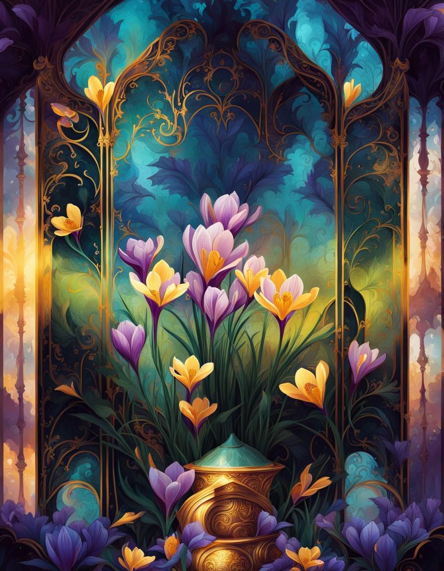 Purple Crocus in Golden Vase Digital Painting