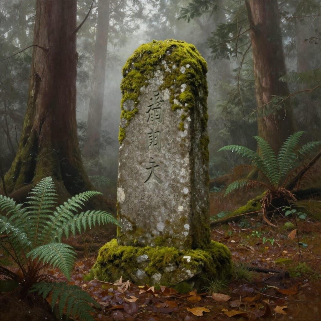 Ancient Stone Monument in Misty Redwood Forest