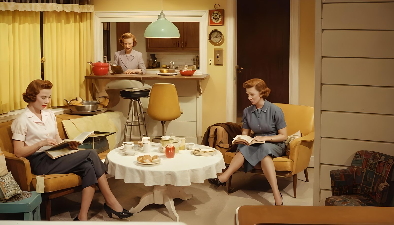 Retro 1950s Kitchen Scene with Three Women