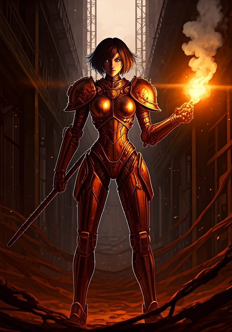High-Tech Cyborg in Steampunk Armor in Cel-Shaded Style