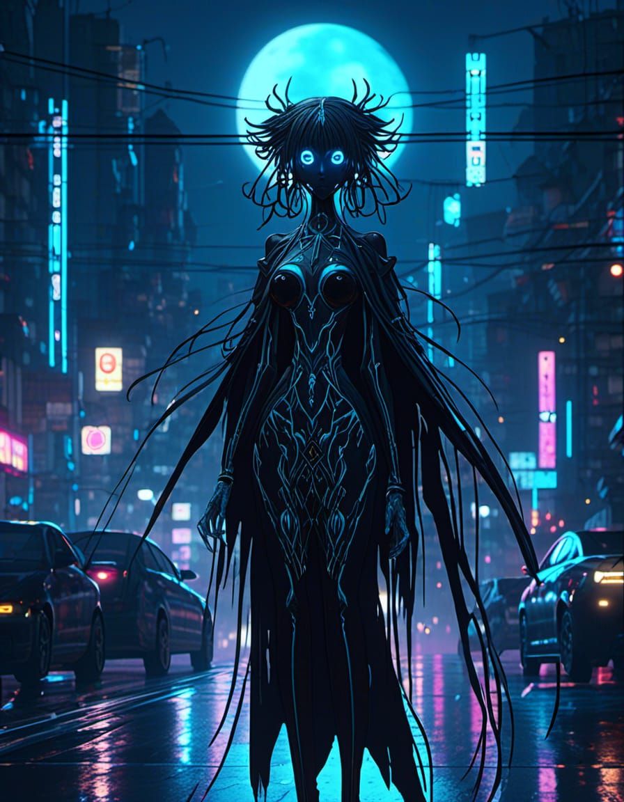 Surreal animated scene, featuring a dark and otherworldly cr...