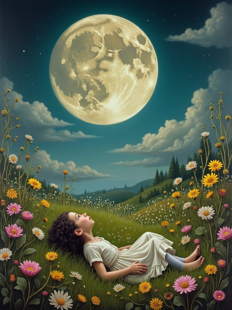 A moon over looking a field of wild flowers, a girl lays in ...