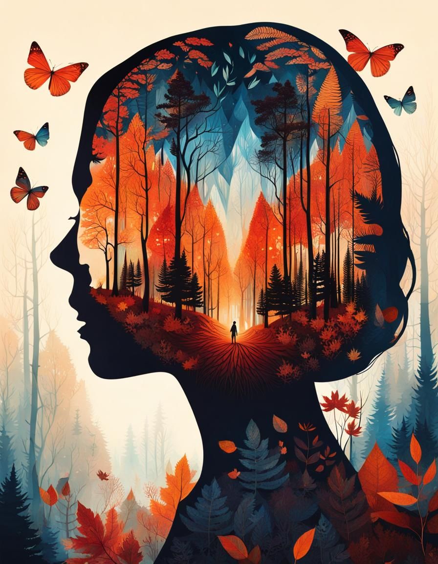 Surreal Forest and Leaf Double Exposure Collage