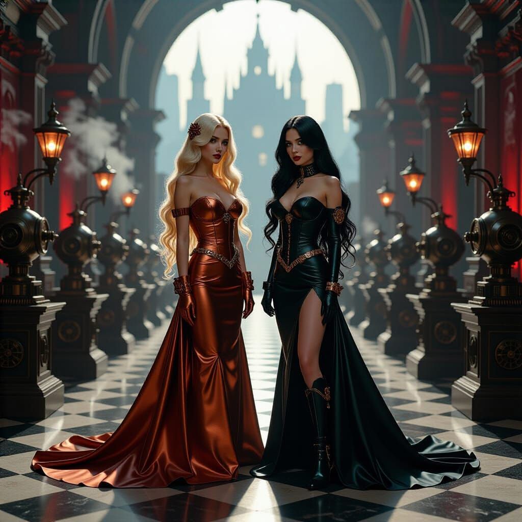 Dieselpunk Women in Grand Hall with Automatons