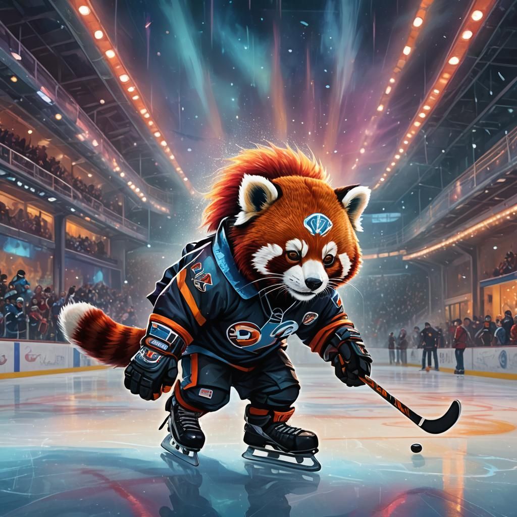 Red Panda Hockey Player in Oil Painting Style