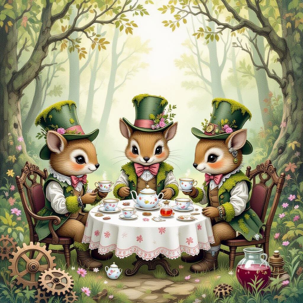 Robot Tea Party in Hidden Glade, Children's Book Style