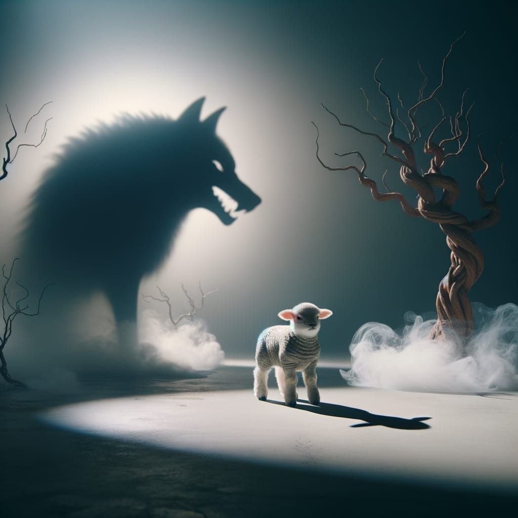 Lamb in Shadow: Surreal Hazy Landscape with Wolf Form