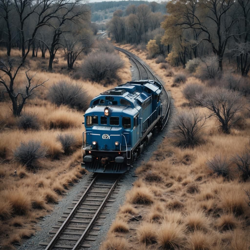 Blue Locomotive Disappearing into Ground: Cinematic Still