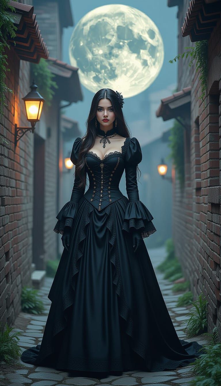 Gothic Woman in Moonlit Alleyway, Dark Fantasy Art