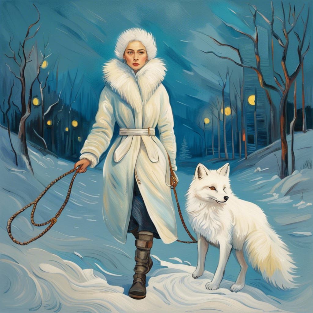 Woman Walking Fox in Snowy Van Gogh Style